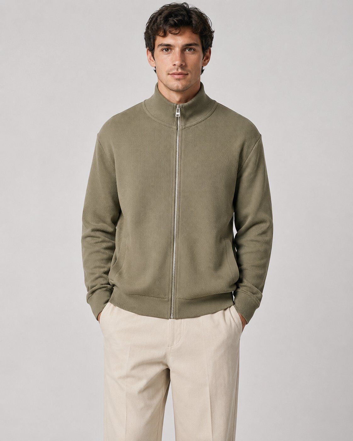 Grossista Mentex Homme - Cardigan Verde Militare a Coste con Zip