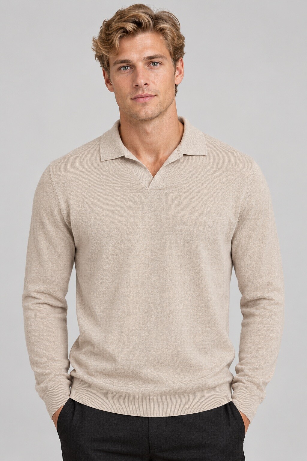 Grossiste Mentex Homme - Pull uni homme col polo ouvert manches longues