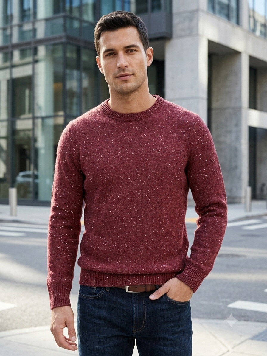 Grossiste Mentex Homme - Pull uni maille homme col rond manche longues, design point blanc