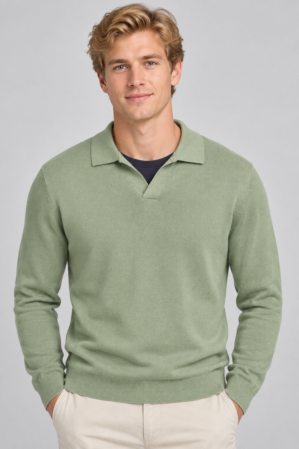 Grossiste Mentex Homme - Pull uni homme col polo ouvert manches longues