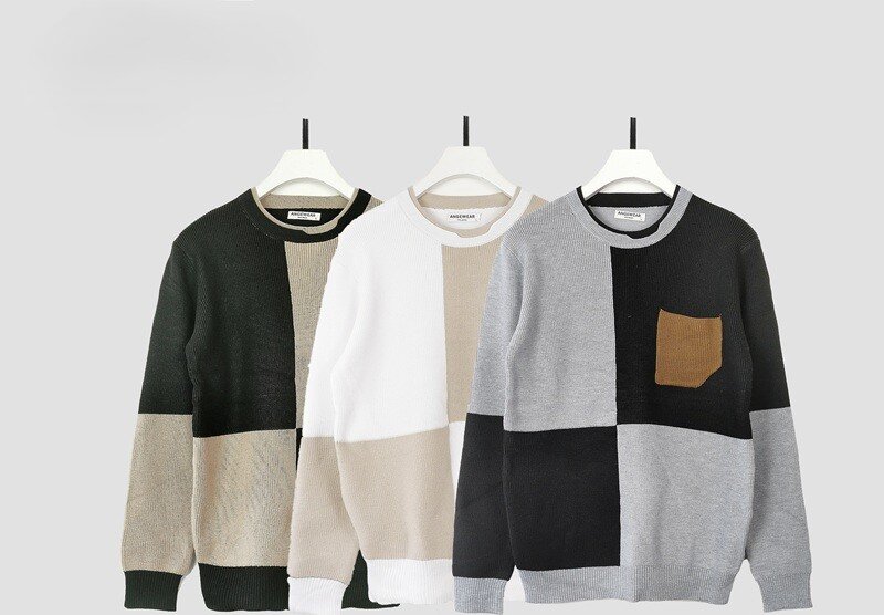 Wholesaler Mentex Homme - Men's solid round neck sweater with checkered pattern, BLACK, WHITE, GREY (3*M, 3*L, 3*XL, 3*XXL)