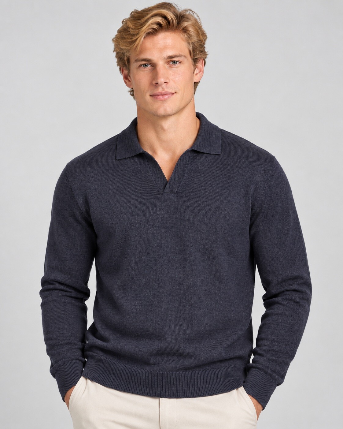 Grossiste Mentex Homme - Pull uni homme col polo ouvert manches longues