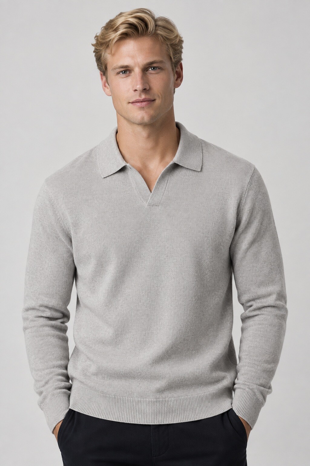 Grossiste Mentex Homme - Pull uni homme col polo ouvert manches longues