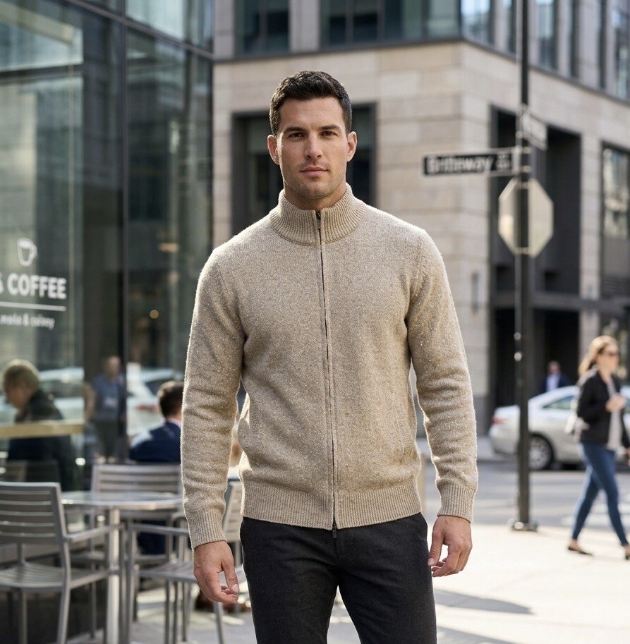 Grossiste Mentex Homme - Pull uni maille homme col montant manche longues à zip, design point blanc