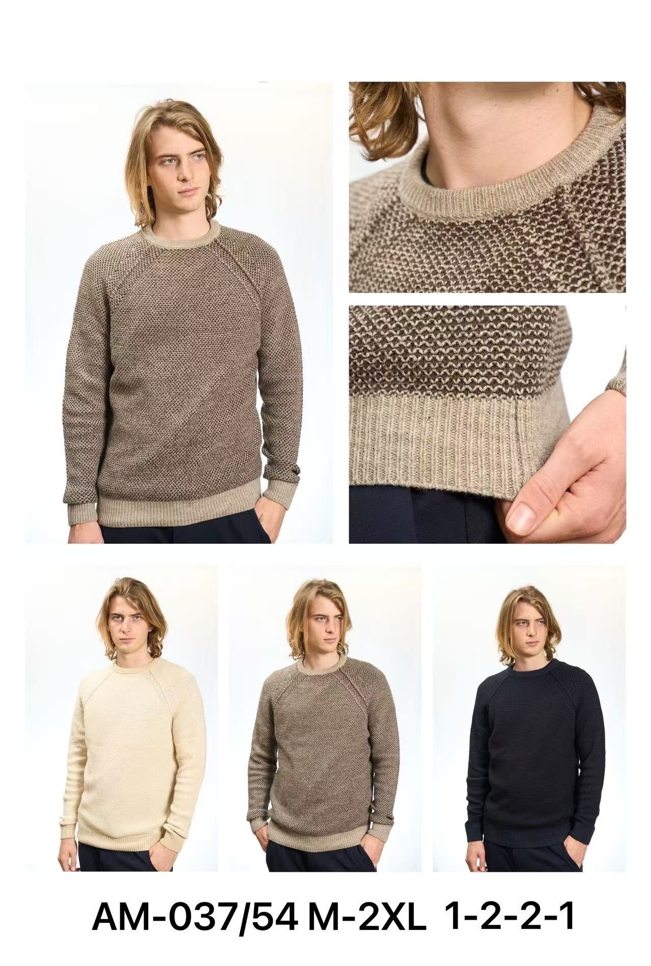 Grossiste Mentex Homme - Pull homme col rond bicolore manches longues