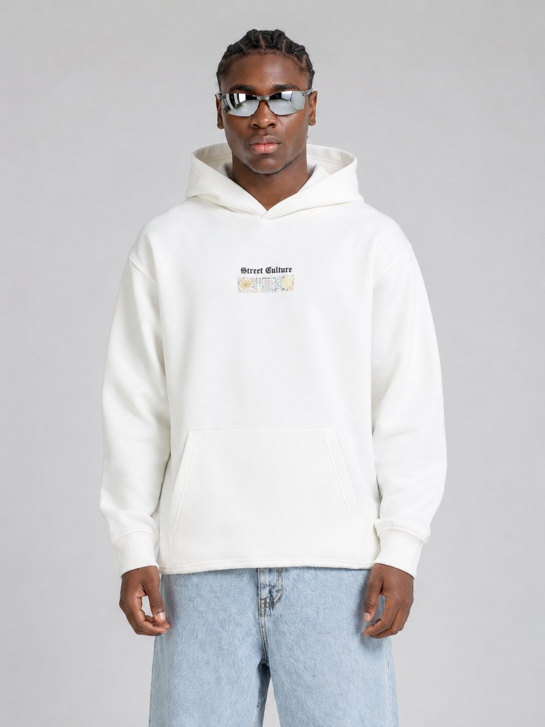 Grossista Mentex Homme - Felpa con Cappuccio Bianca Oversize con Grafica Verticale