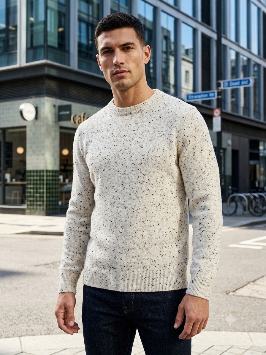 Grossiste Mentex Homme - Pull uni maille homme col rond manche longues, design point blanc