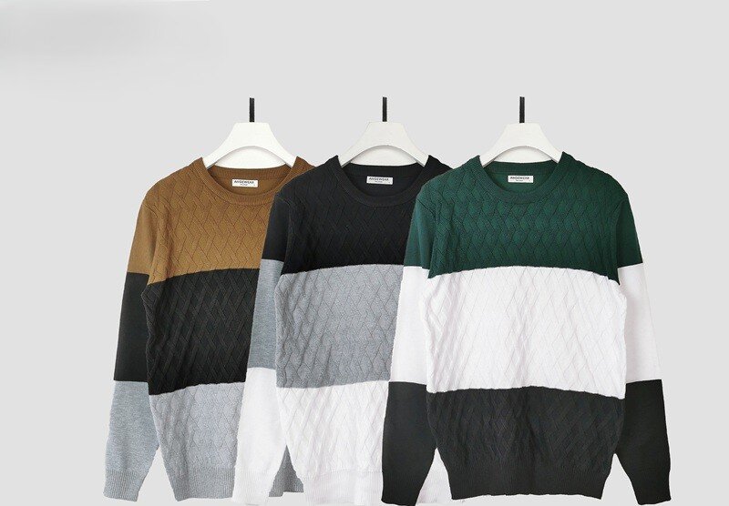Wholesaler Mentex Homme - Men's solid round-neck sweater with stripe pattern, BLACK, CAMEL, GREEN (3*M, 3*L, 3*XL, 3*XXL)