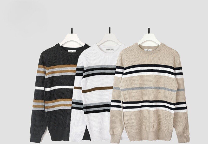 Wholesaler Mentex Homme - Men's solid round neck sweater with stripe pattern, BLACK, WHITE, BEIGE (3*M, 3*L, 3*XL, 3*XXL)