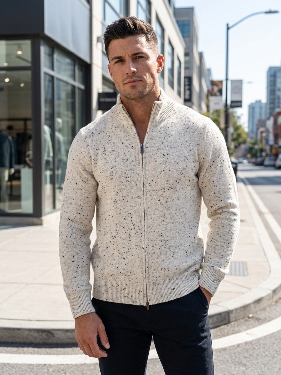 Grossiste Mentex Homme - Pull uni maille homme col montant manche longues à zip, design point blanc