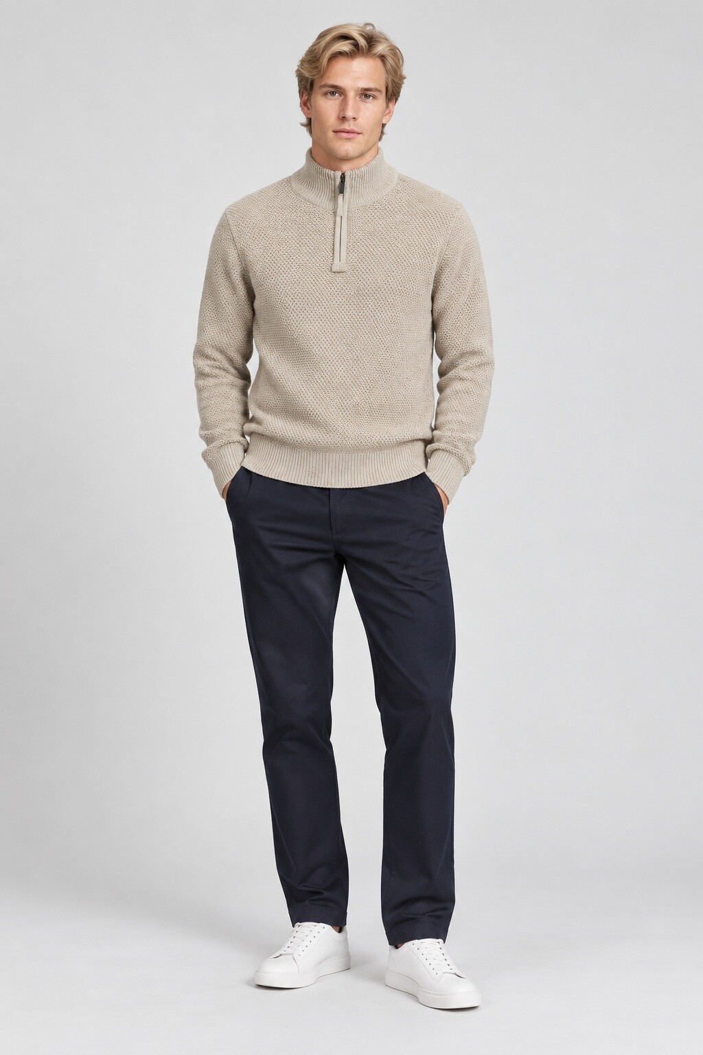 Grossiste Mentex Homme - Pull bicolore homme col montant à demi zip