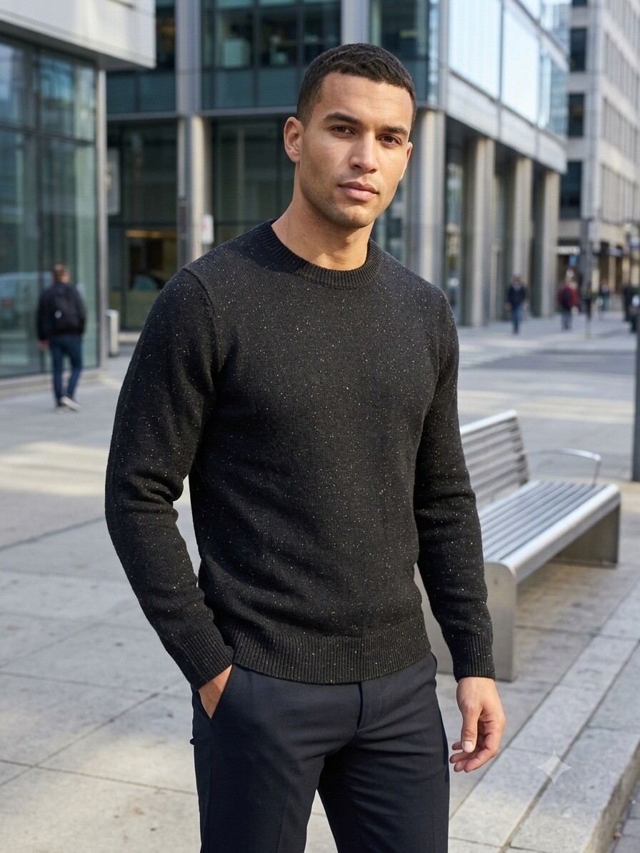 Grossiste Mentex Homme - Pull uni maille homme col rond manche longues, design point blanc