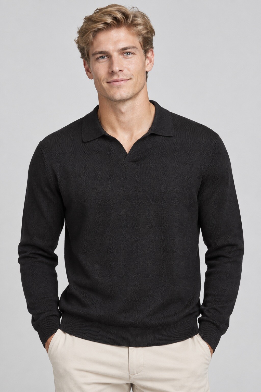 Grossiste Mentex Homme - Pull uni homme col polo ouvert manches longues