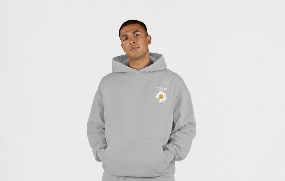 Grossista Mentex Homme - Felpa con Cappuccio Grigia con Grafica Margherita