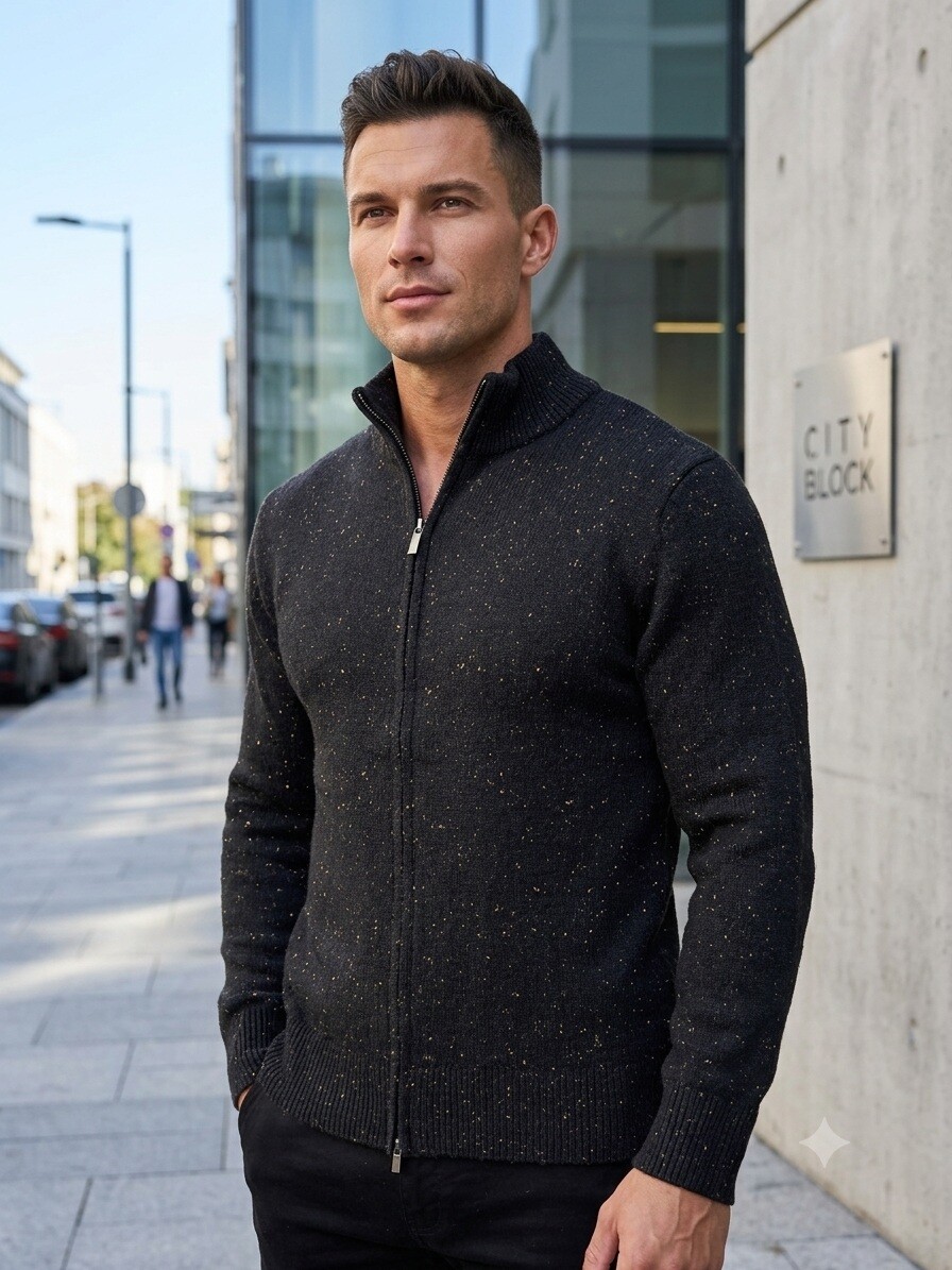 Grossiste Mentex Homme - Pull uni maille homme col montant manche longues à zip, design point blanc
