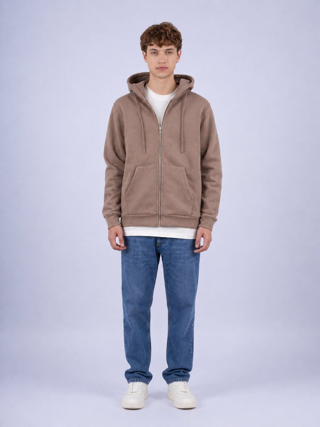 Grossista Mentex Homme - Felpa con Cappuccio e Zip Marrone Chiaro Minimalista