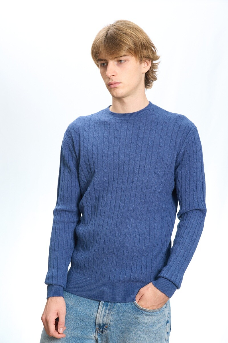 Grossiste Mentex Homme - Pull uni maille homme col rond, à motif torsadé et manches longues