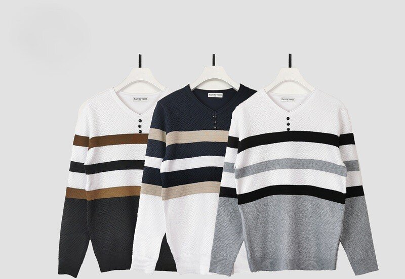 Wholesaler Mentex Homme - Men's solid V-neck button sweater with stripe pattern, BLACK, WHITE, GREY (3*M, 3*L, 3*XL, 3*XXL)
