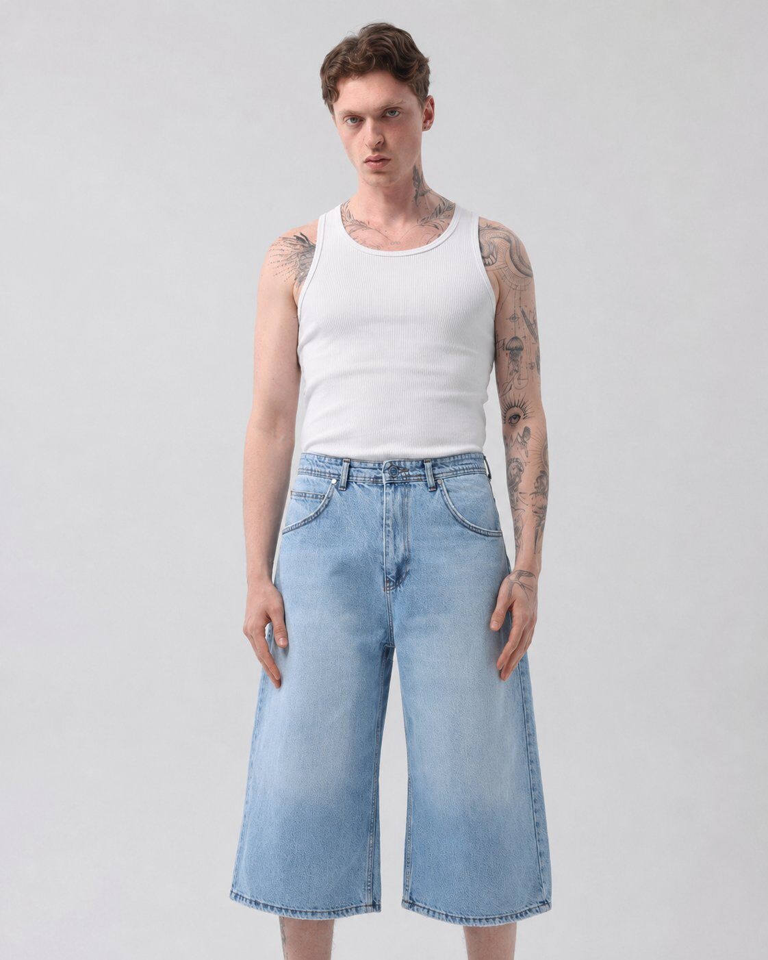 Grossiste Mentex Homme - Short Jean Baggy Bleu Clair Washed