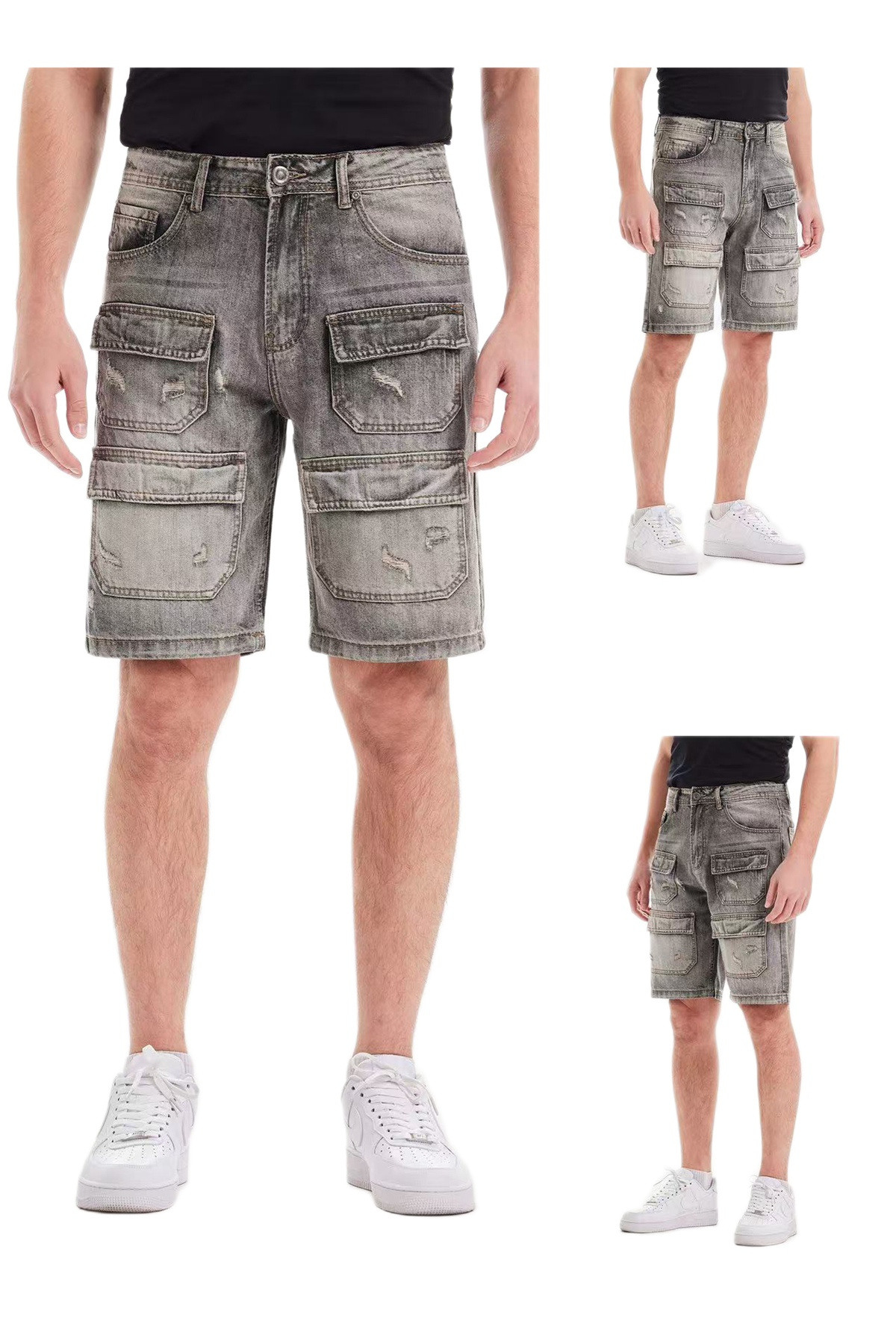 Grossista Mentex Homme - Short in denim grigio stile cargo con effetto lavato consumato taglio dritto