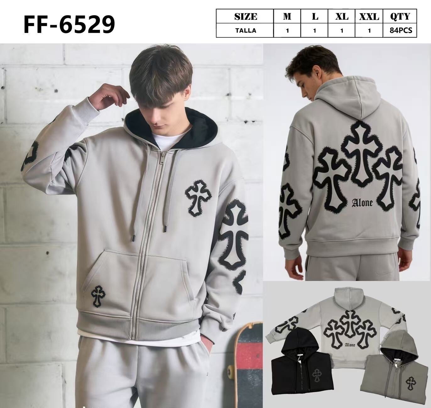 Großhändler Mentex Homme - Dicker, schlichter Herrenhoodie mit Reißverschluss und Kreuzlogo auf dem Rücken
