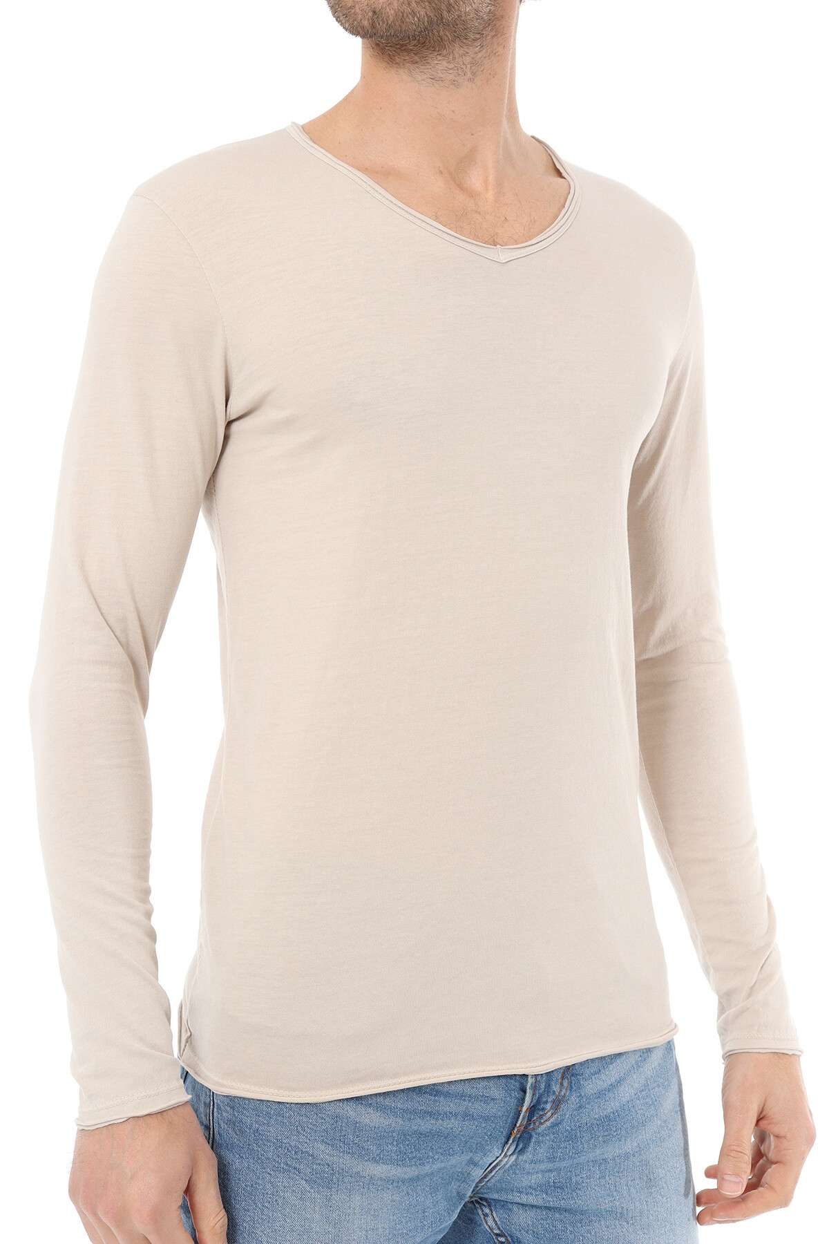 Grossiste Mentex Homme - T-shirts uni manches longues col V ourlet effiloché