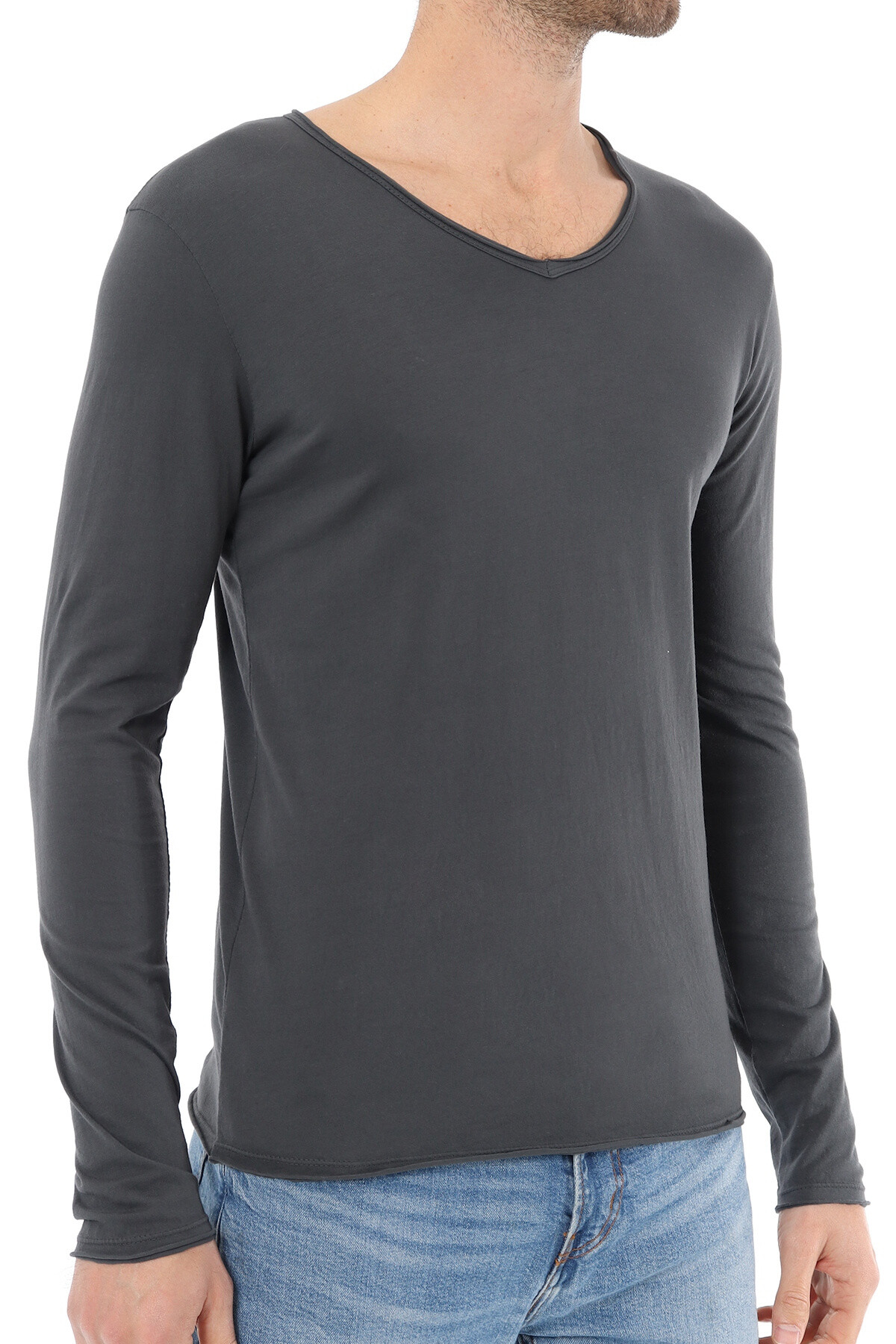 Grossiste Mentex Homme - T-shirts uni manches longues col V ourlet effiloché