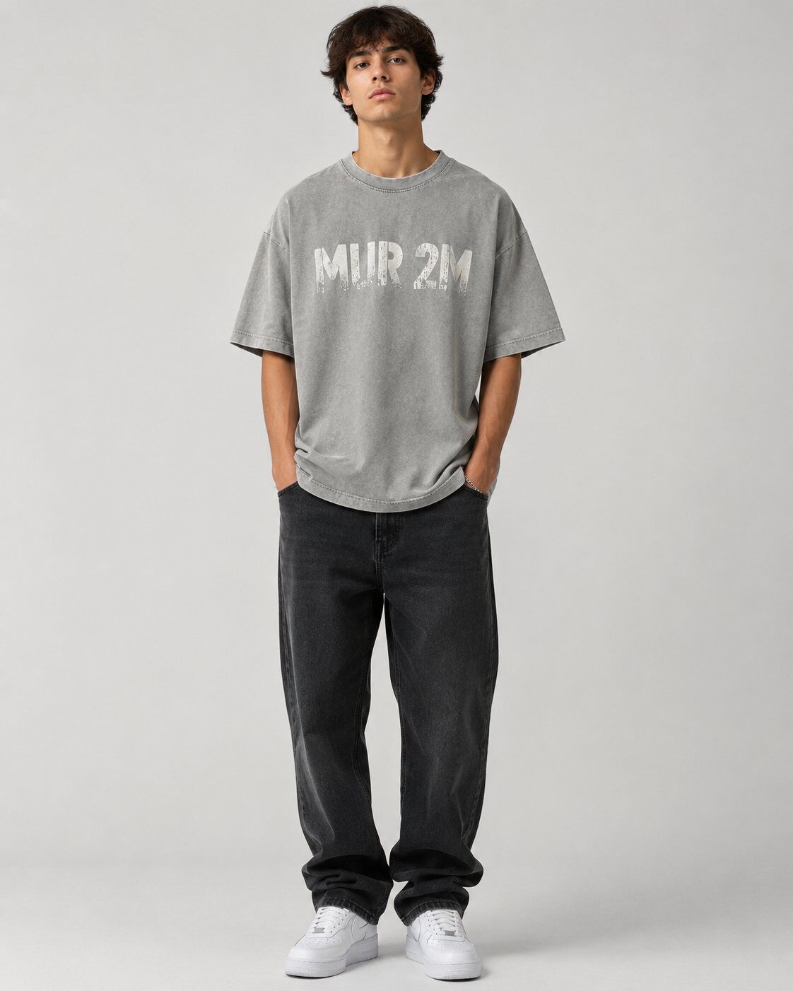 Großhändler Mentex Homme - Graues T-Shirt mit Street-Text im Used-Look