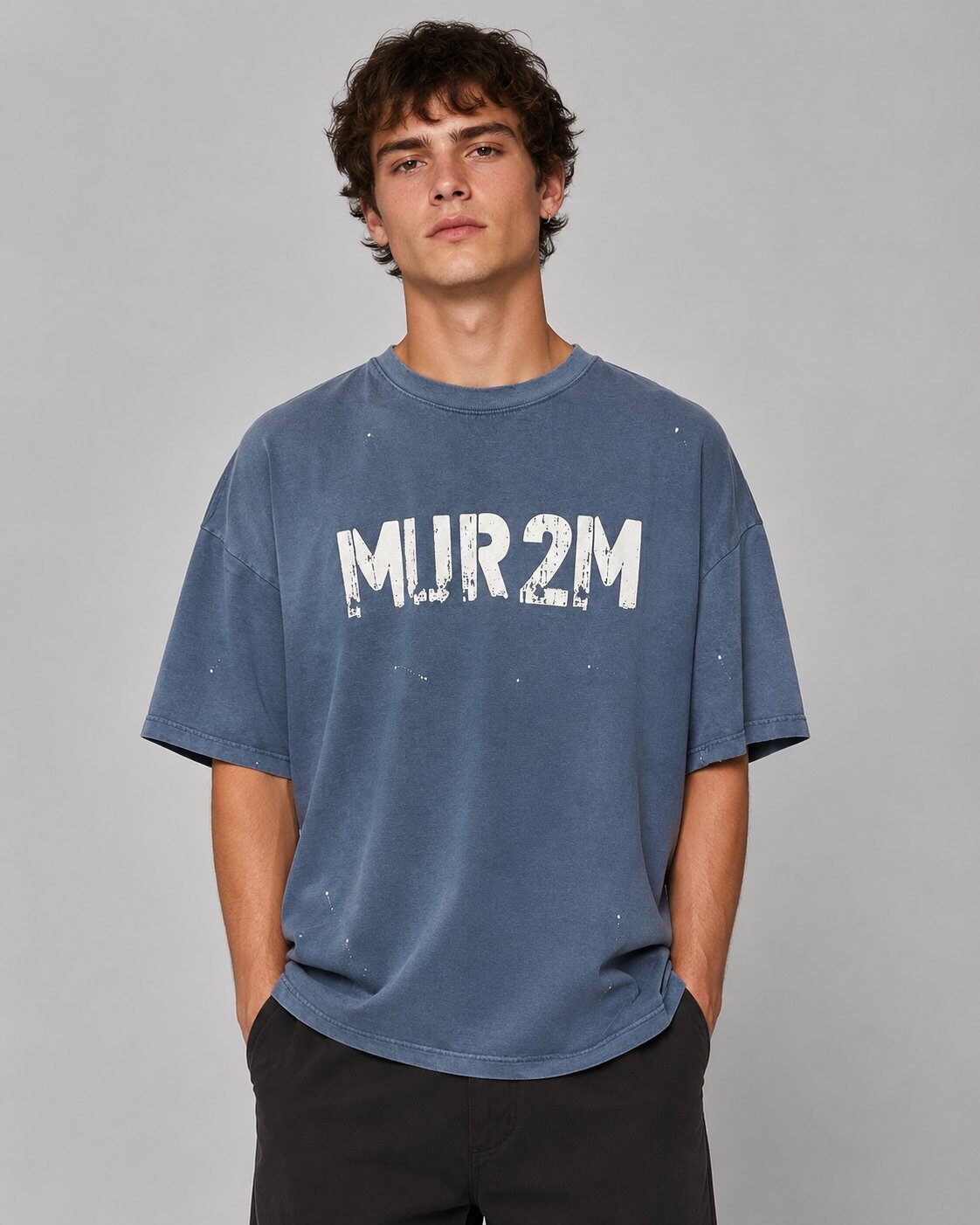 Grossista Mentex Homme - T-shirt Grafica Blu Lavato