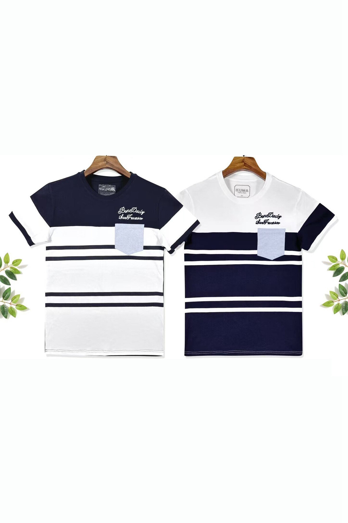 Mayorista Mentex Homme - Camiseta para hombres Pase redondo con rayas cortas con bolsillo