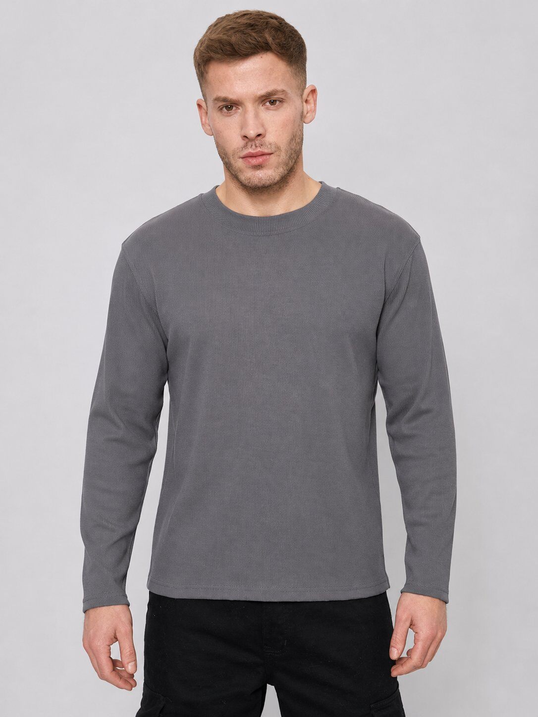Grossista Mentex Homme - T-shirt Grigia a Maniche Lunghe Essential