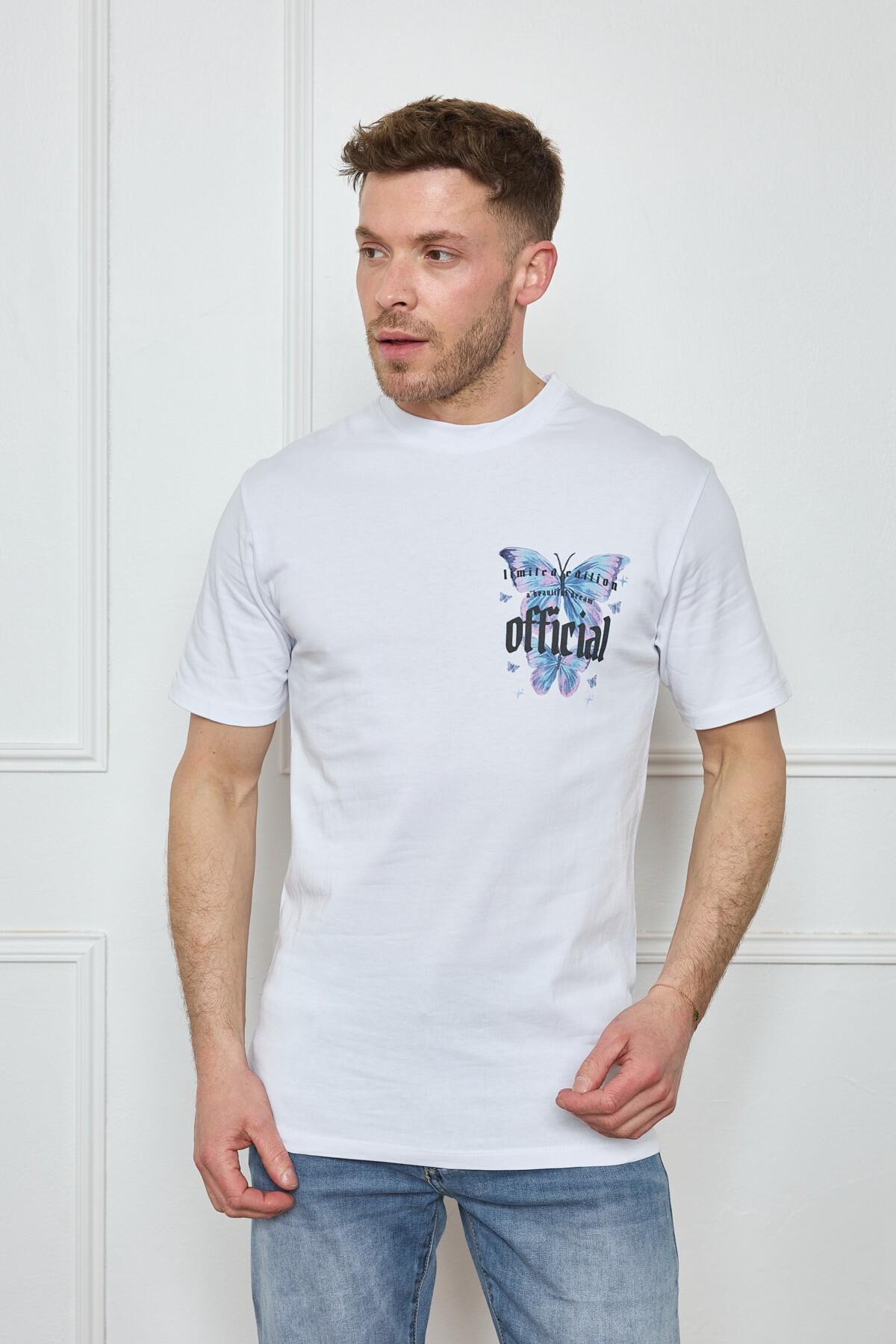 Wholesaler Mentex Homme - Plain men's round neck short sleeve T-shirt with butterfly pattern OFFICIAL