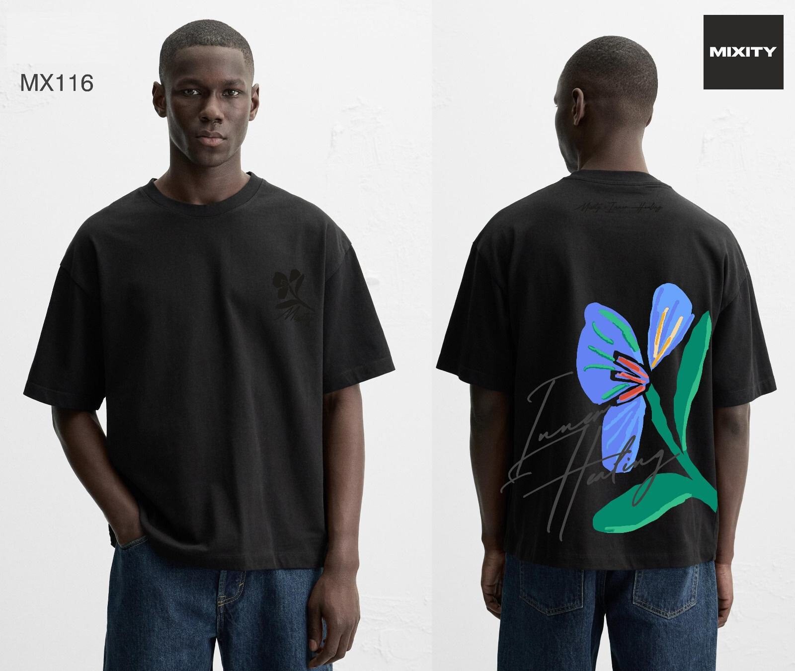 Großhändler Mentex Homme - Schwarzes Herren-T-Shirt mit Blumenmuster auf dem Rücken
