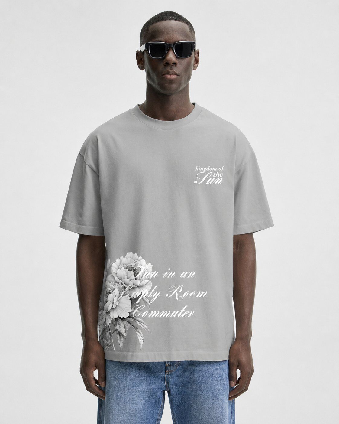Großhändler Mentex Homme - Graues Oversize-T-Shirt mit Blumenmuster auf der Rückseite