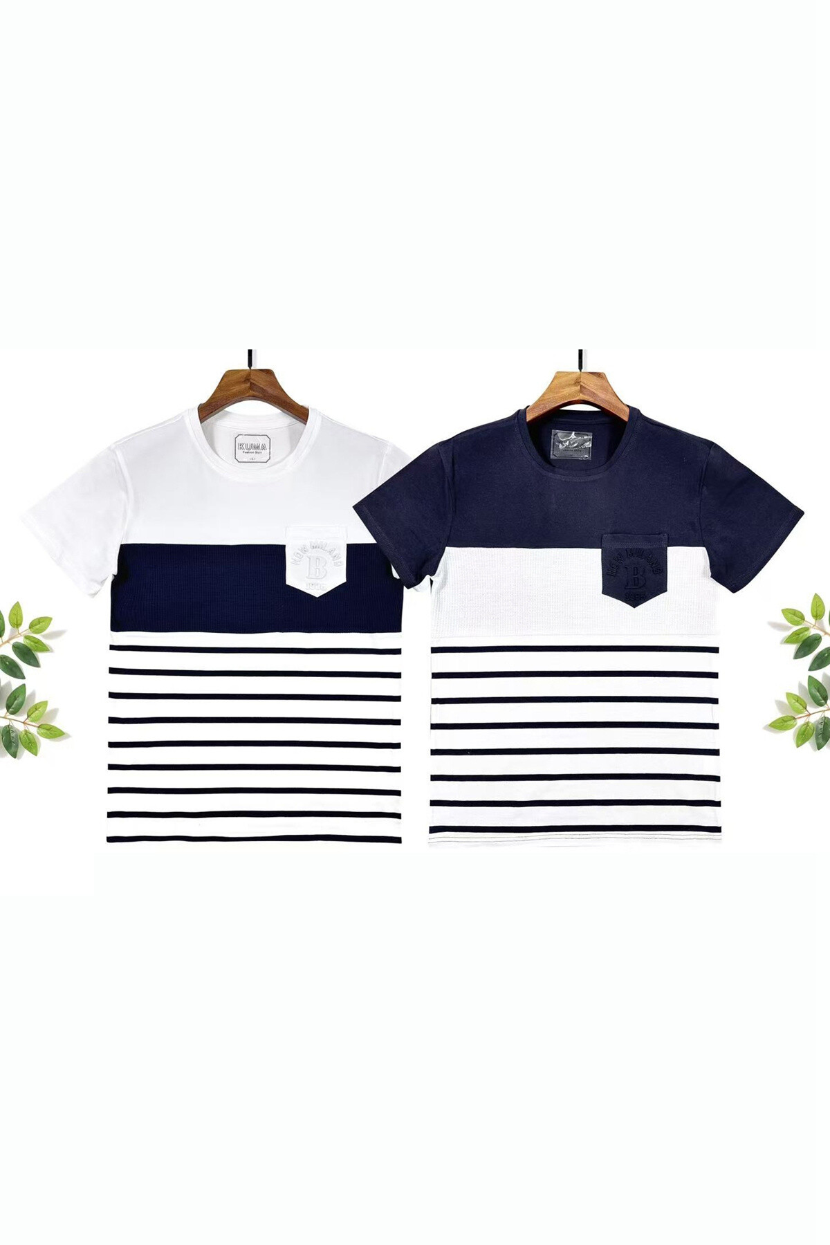 Mayorista Mentex Homme - Camiseta para hombres Pase redondo con rayas cortas con bolsillo