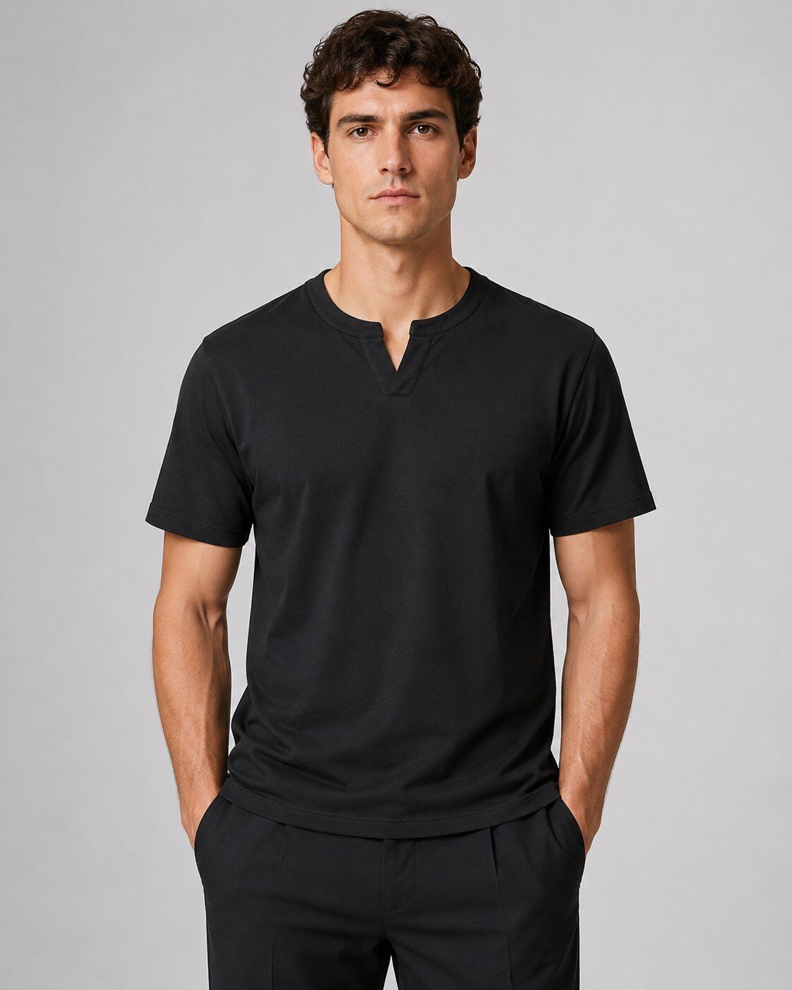 Großhändler Mentex Homme - Schwarzes Open Collar Minimal T-Shirt