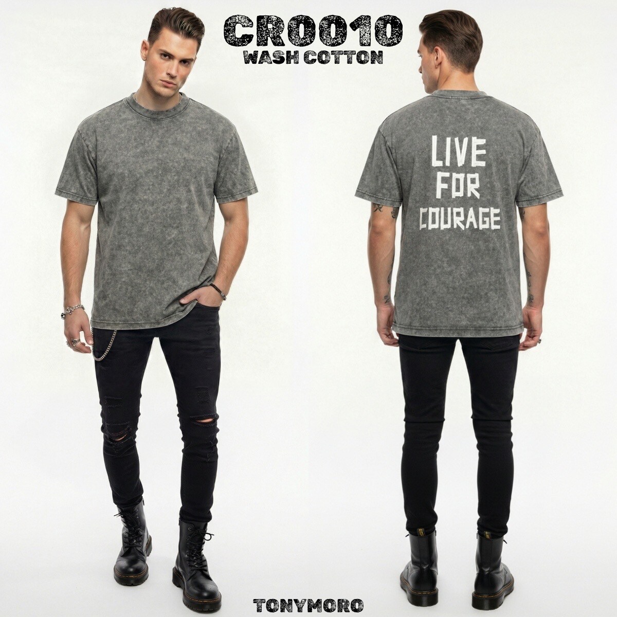 Grossiste Mentex Homme - Tshirt uni homme mode coton délavé avec motif au dos LIVE FOR COURAGE