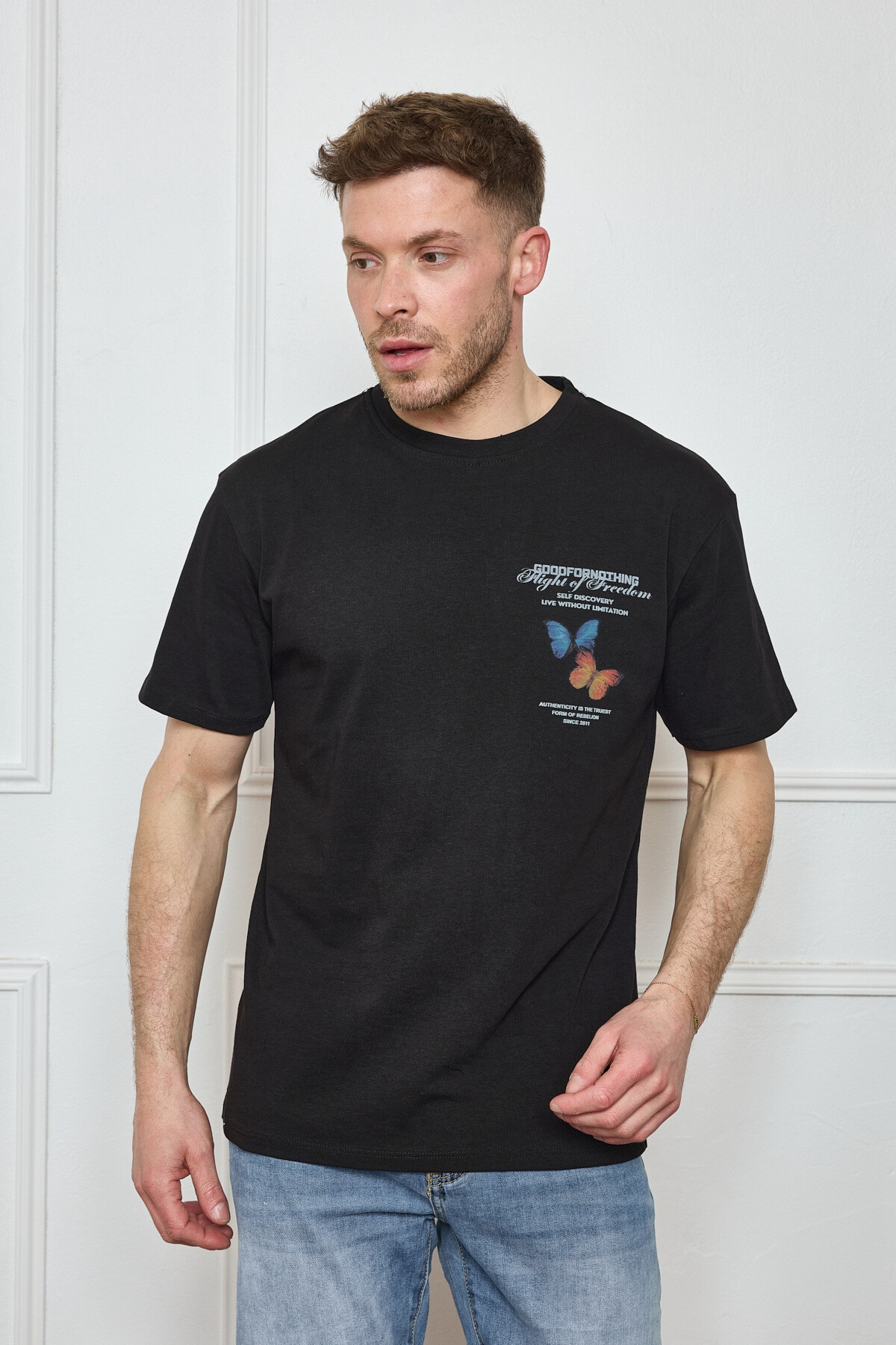 Wholesaler Mentex Homme - Plain men's round neck short sleeve T-shirt with butterfly pattern