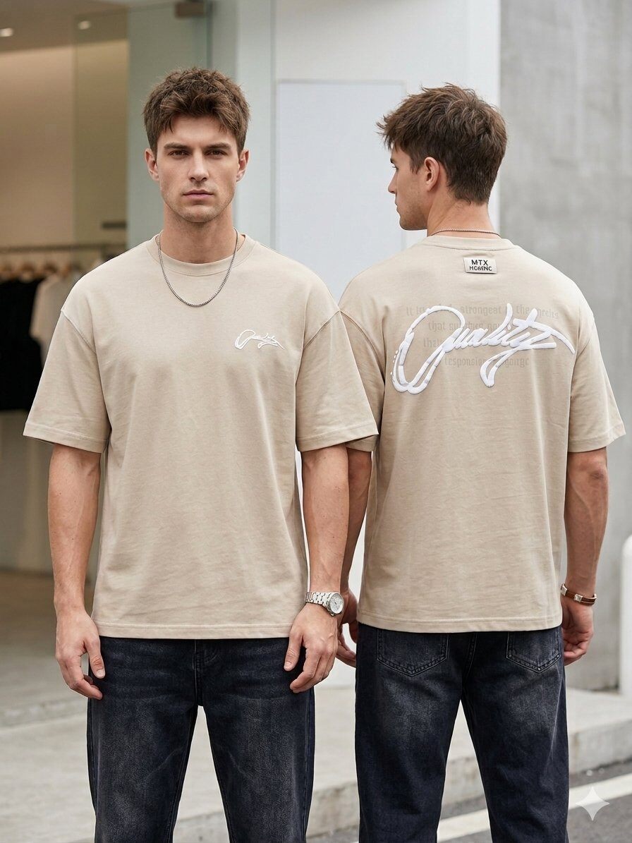 Wholesaler Mentex Homme - Men's Beige T-shirt with Chest & Back Logo