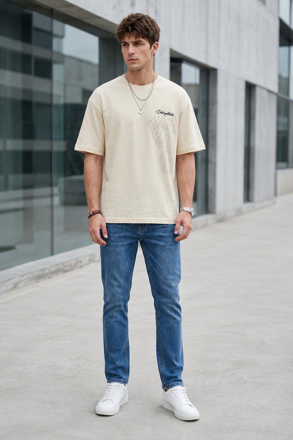 Grossista Mentex Homme - T-shirt Beige Oversize Unforgettable