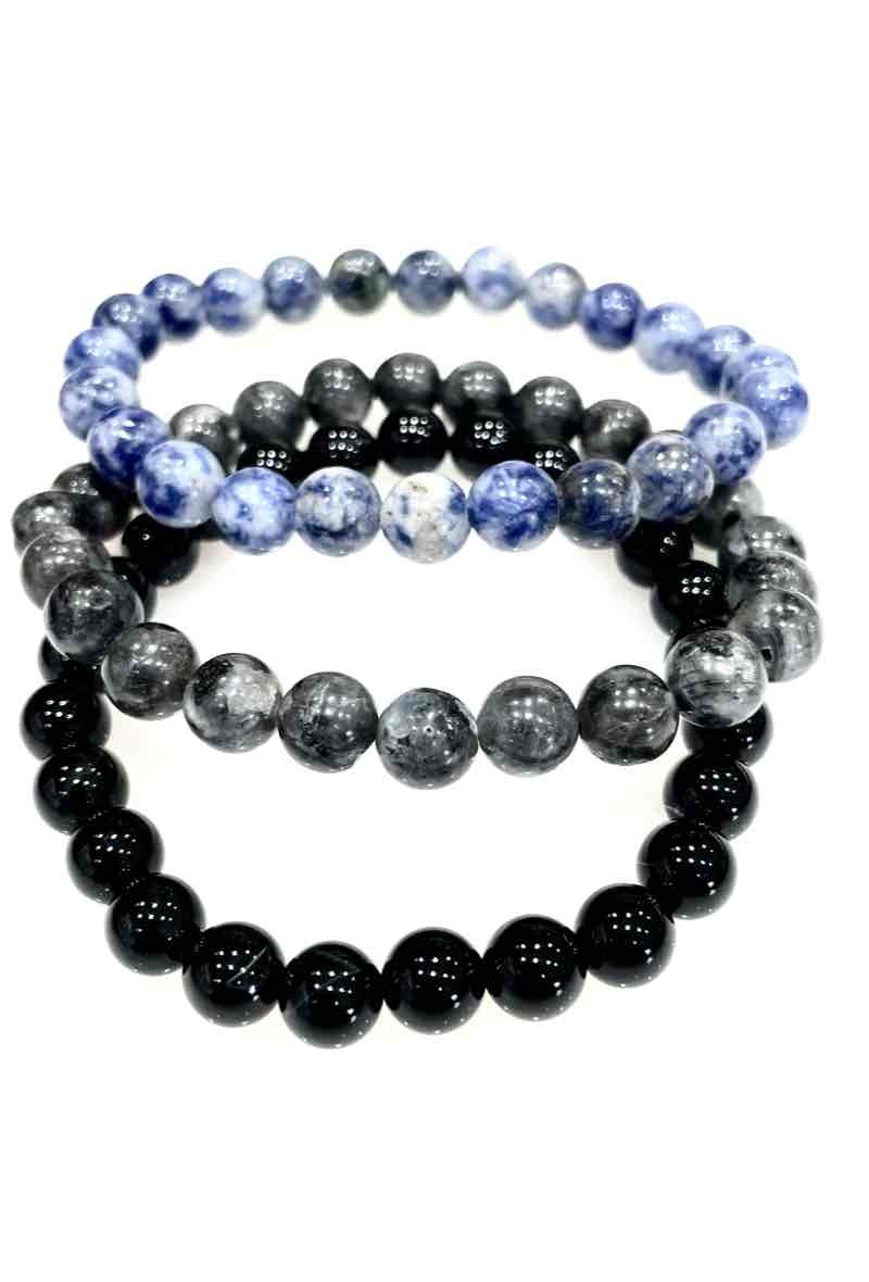 Grossiste MY ACCESSORIES PARIS - Bracelet pierres jaspe bleu / larvikite / onyx