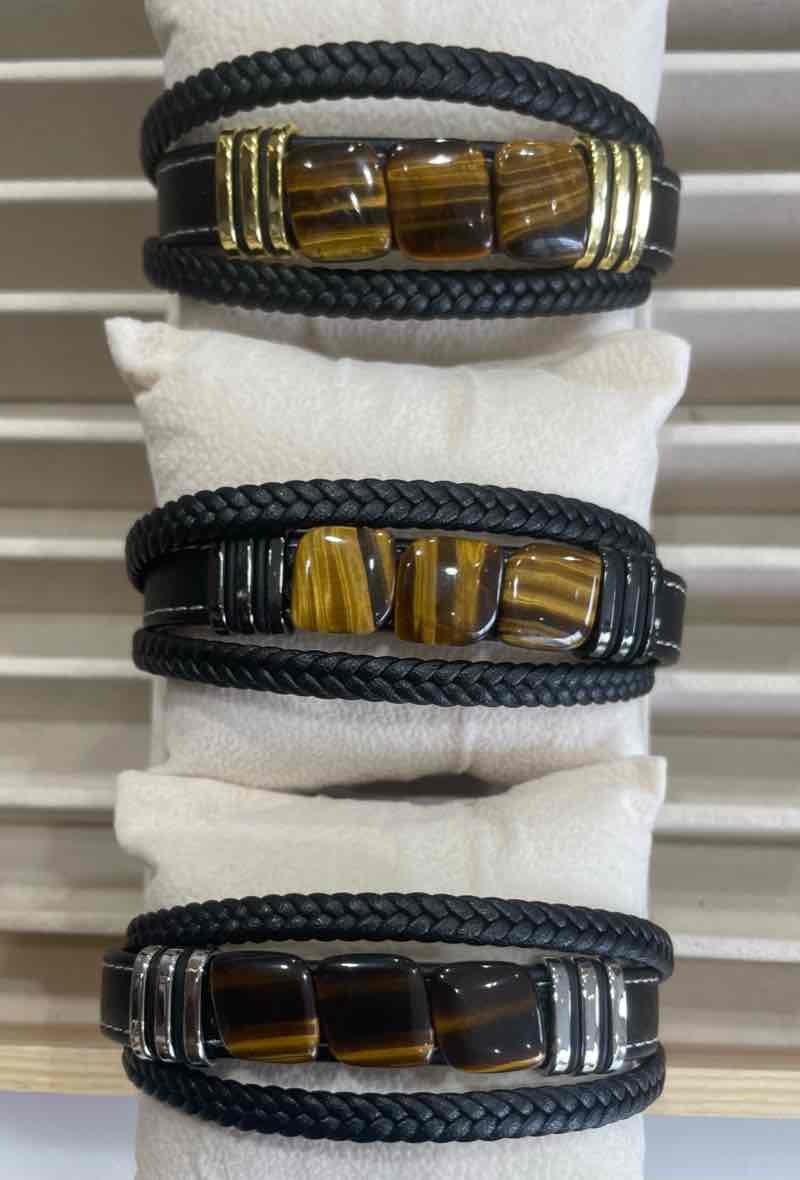 Mayorista MY ACCESSORIES PARIS - Brazalete de cuero y acero, ojo de tigre
