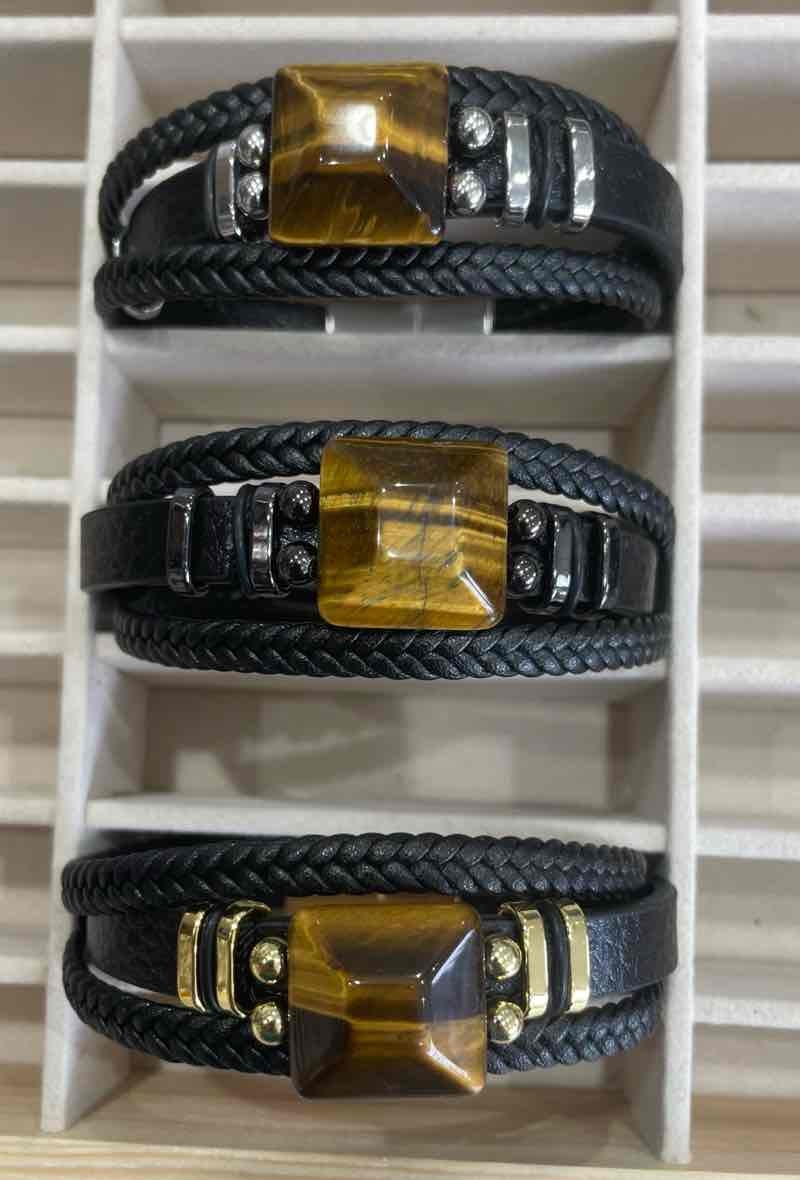 Grossiste MY ACCESSORIES PARIS - Bracelet cuir & acier, oeil de tigre