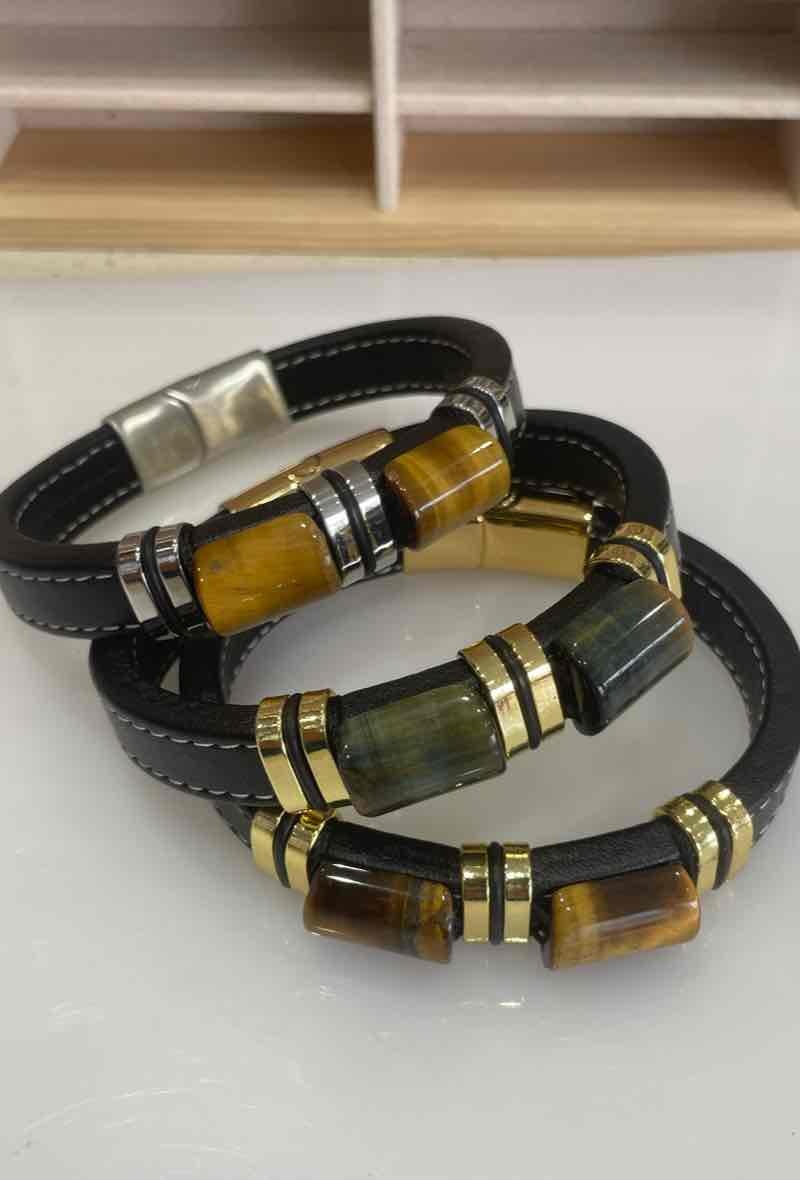 Mayorista MY ACCESSORIES PARIS - Brazalete de cuero y acero, ojo de tigre