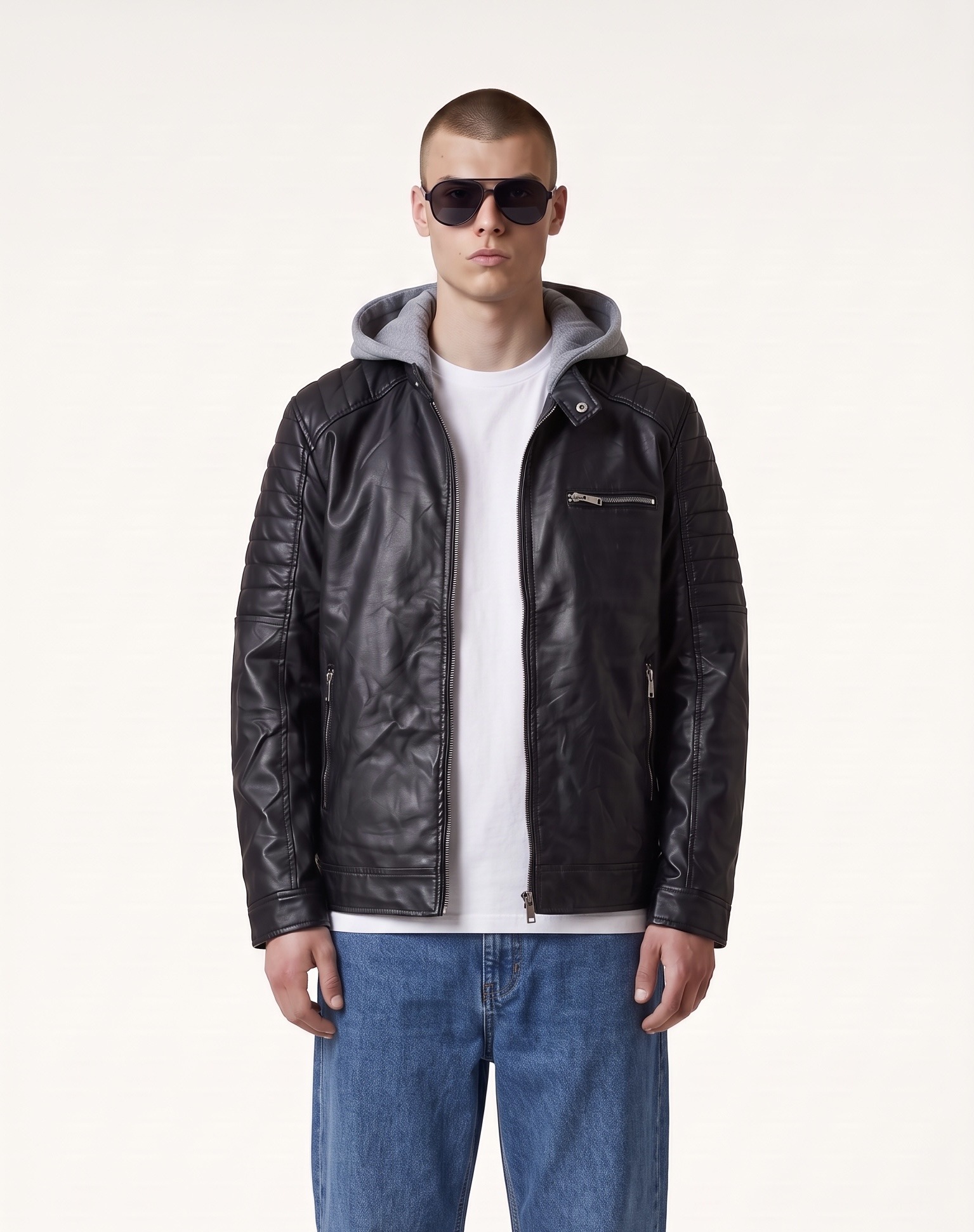 Grossiste Omnimen - Blouson homme Matelassé noir imitation cuir avec capuche, style biker et urbain