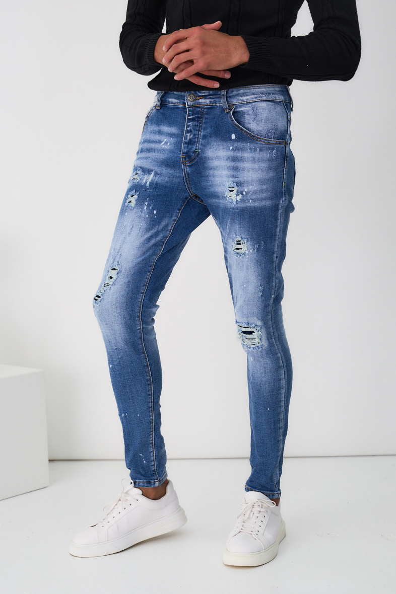 Mayorista Omnimen - Vaqueros ajustados de mezclilla azul para hombre DESTROY