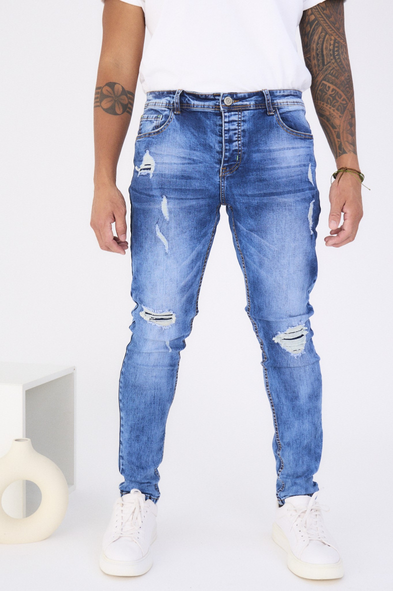 Grossiste Omnimen - Jeans Homme Skinny Denim Bleu DESTROY