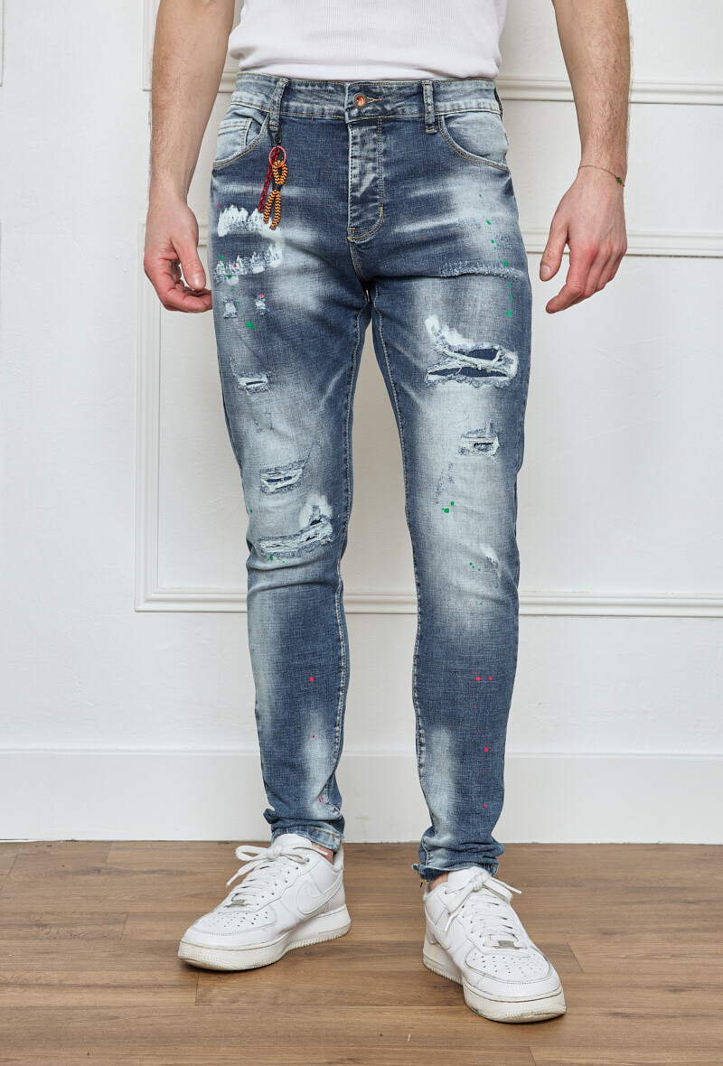 Grossiste Omnimen - Jeans Denim Bleu  Délavé,Déchiré Taché W251