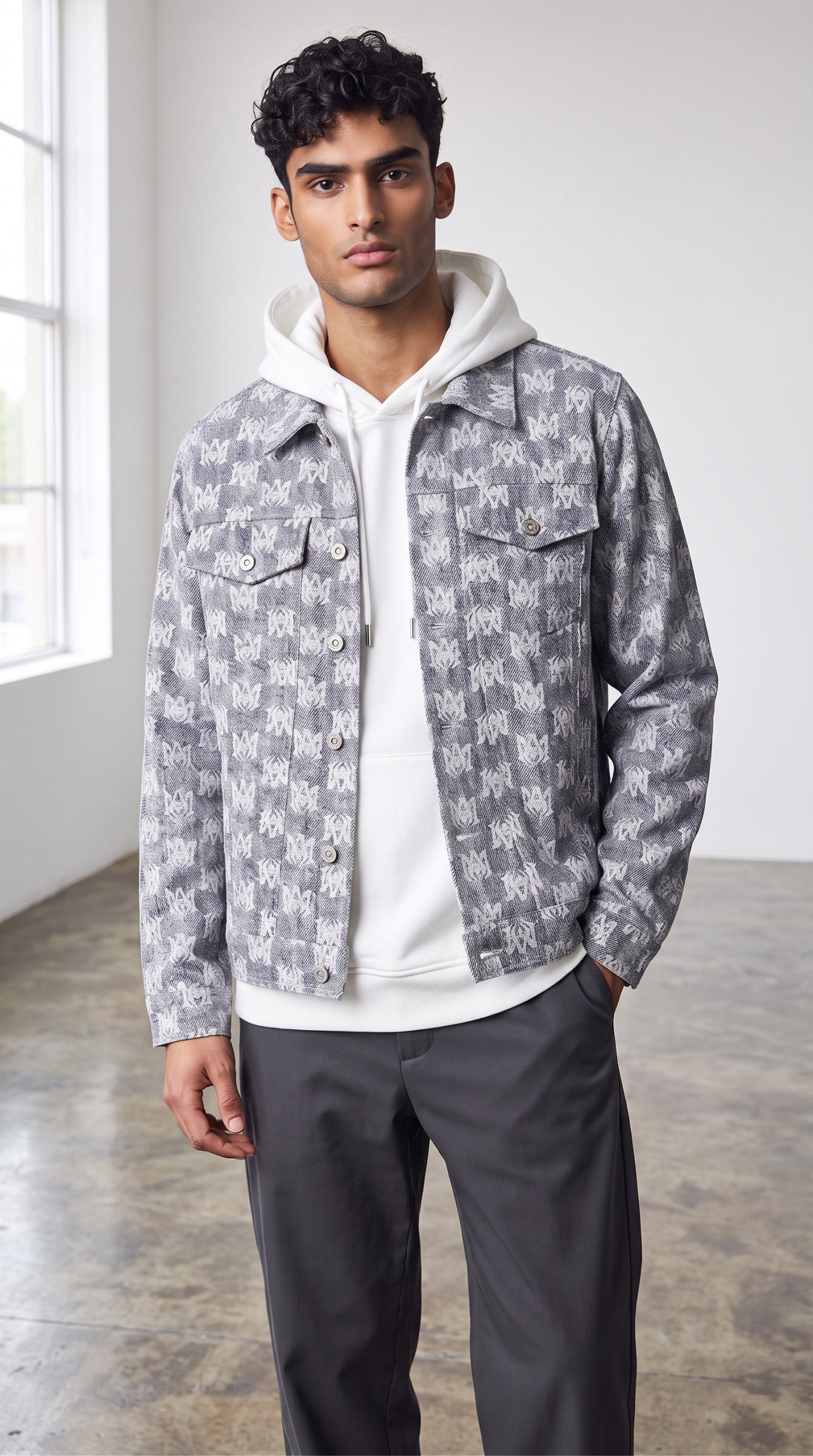 Grossiste Omnimen - Veste effet Jeans à Motifs Monogramme - Matière Molletonée