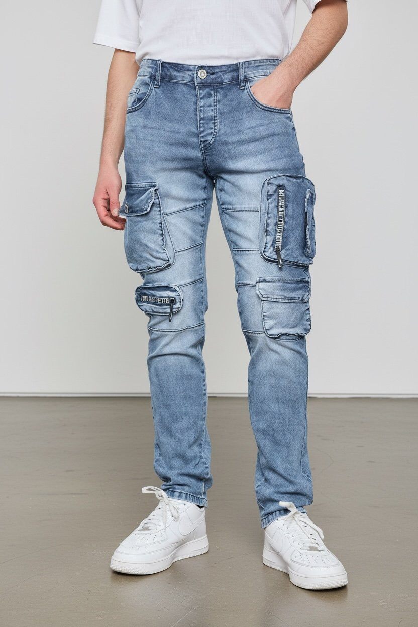 Grossiste Omnimen - Jeans Cargo Bleu Denim Homme